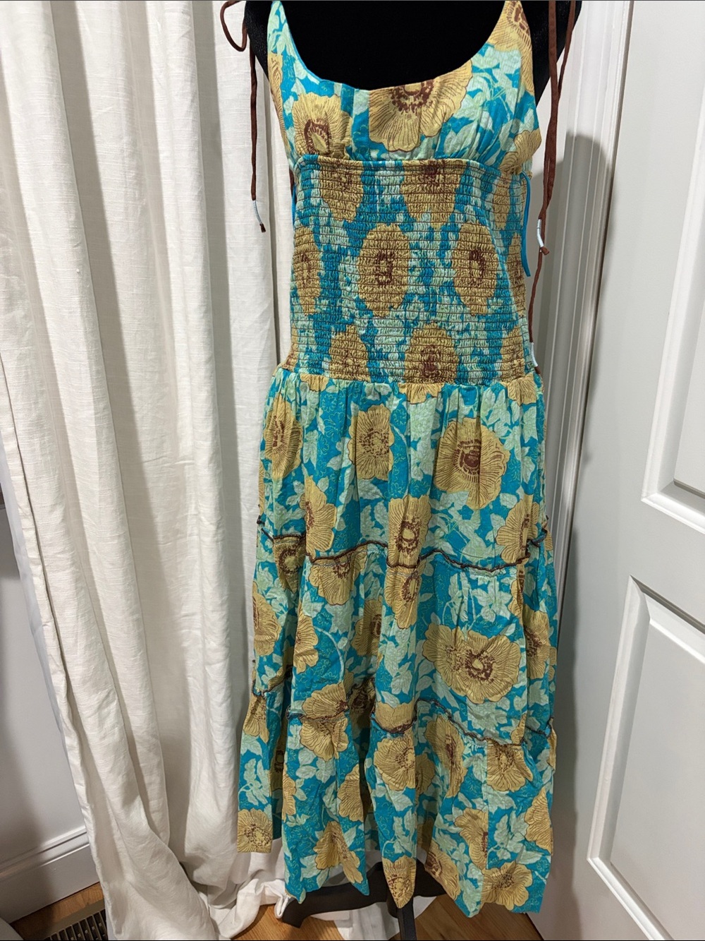 Free People Turquoise and Gold Floral Smocked Midi Dress